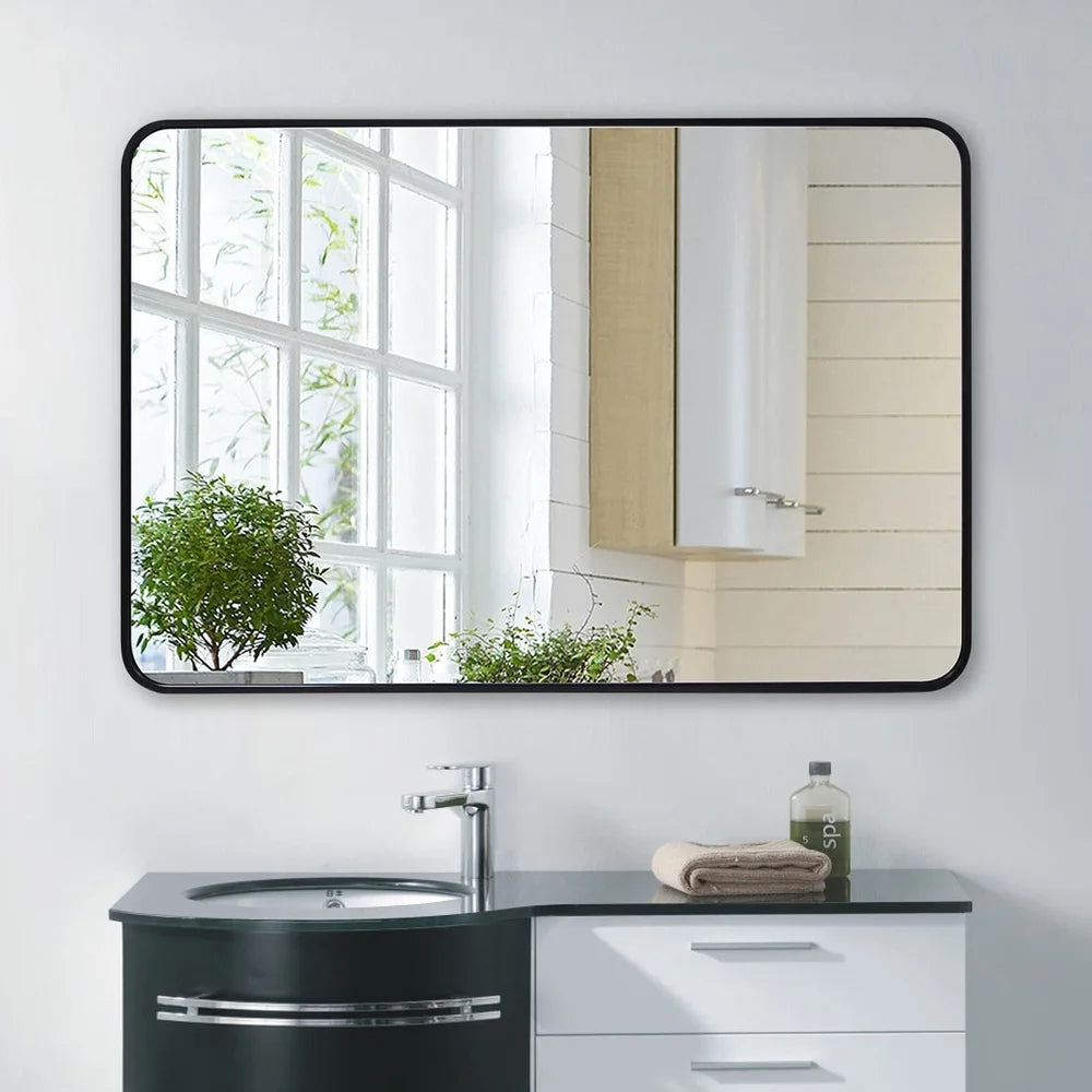 Large Wall Mounted Bathroom Mirror 30x40 Inch Rectangular Aluminum Frame Shatter Resistant Easy Install Bedrooms Living Rooms