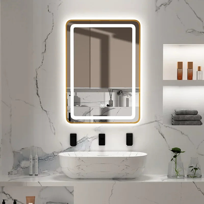 15 * 24 Inch Smart Bathroom Mirror Square Hotel Led Bathroom with Light Anti-fog Makeup Touch Screen Wall Hanging Small Vanity