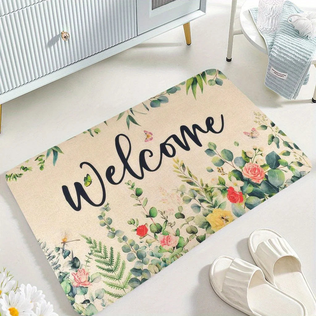 1 Piece Floral Welcome Outdoor Doormat - Non-Slip Machine Washable Polyester Flannel Mat for Front Door, Porch, Patio