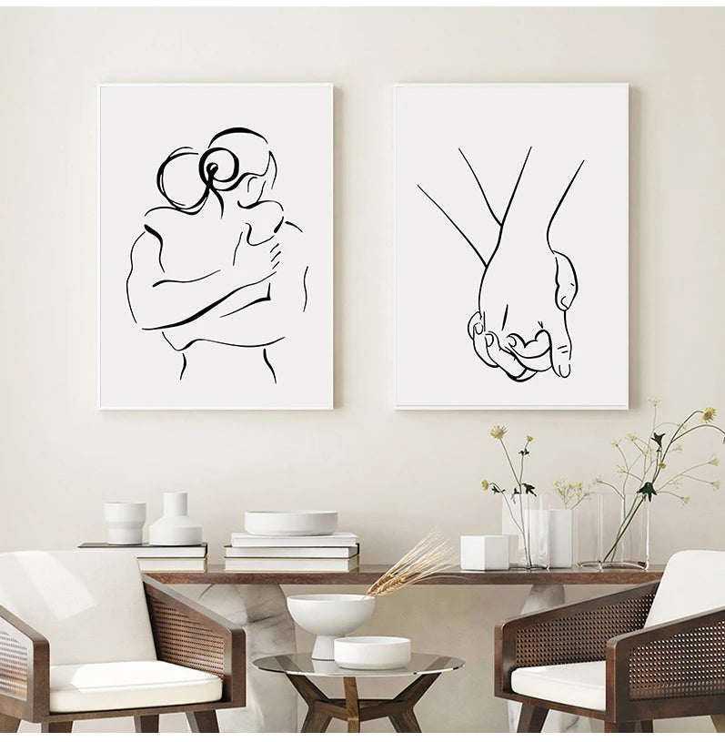 Romantic Love Couple Line Posters Kissing Hugging Hold Hands Canvas Painting and Prints Wall Art Pictures for Living Room Decor