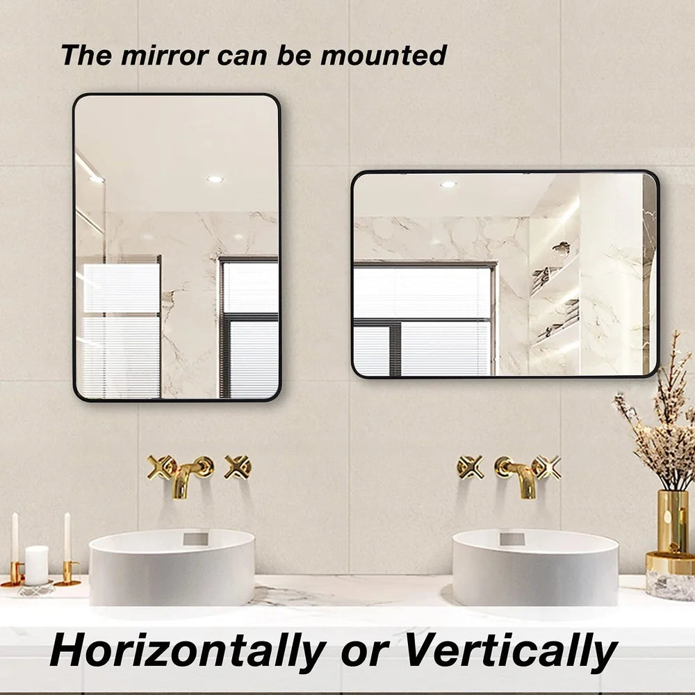 Large Wall Mounted Bathroom Mirror 30x40 Inch Rectangular Aluminum Frame Shatter Resistant Easy Install Bedrooms Living Rooms