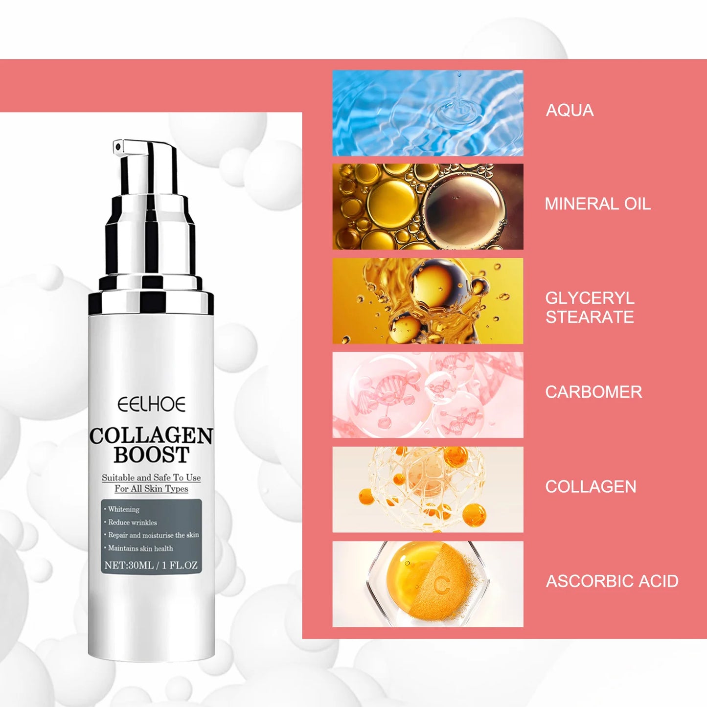 EELHOE Boost Collagen Facial Essence 30ml Deep Moisturizing Shrink Pores VitaminC Anti-aging Fade Wrinkle Lines Korean Skin Care