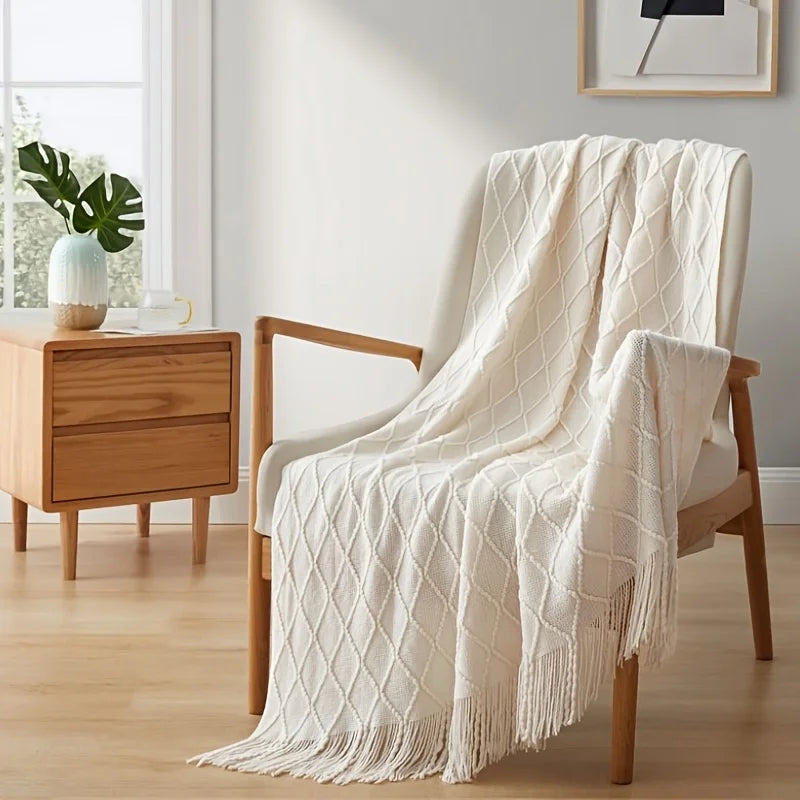 European Minimalist Diamond Pattern Acrylic Knitted Blanket, Sofa Bed Cover All Season Couch Throw Arrival Lightweight Bedspread