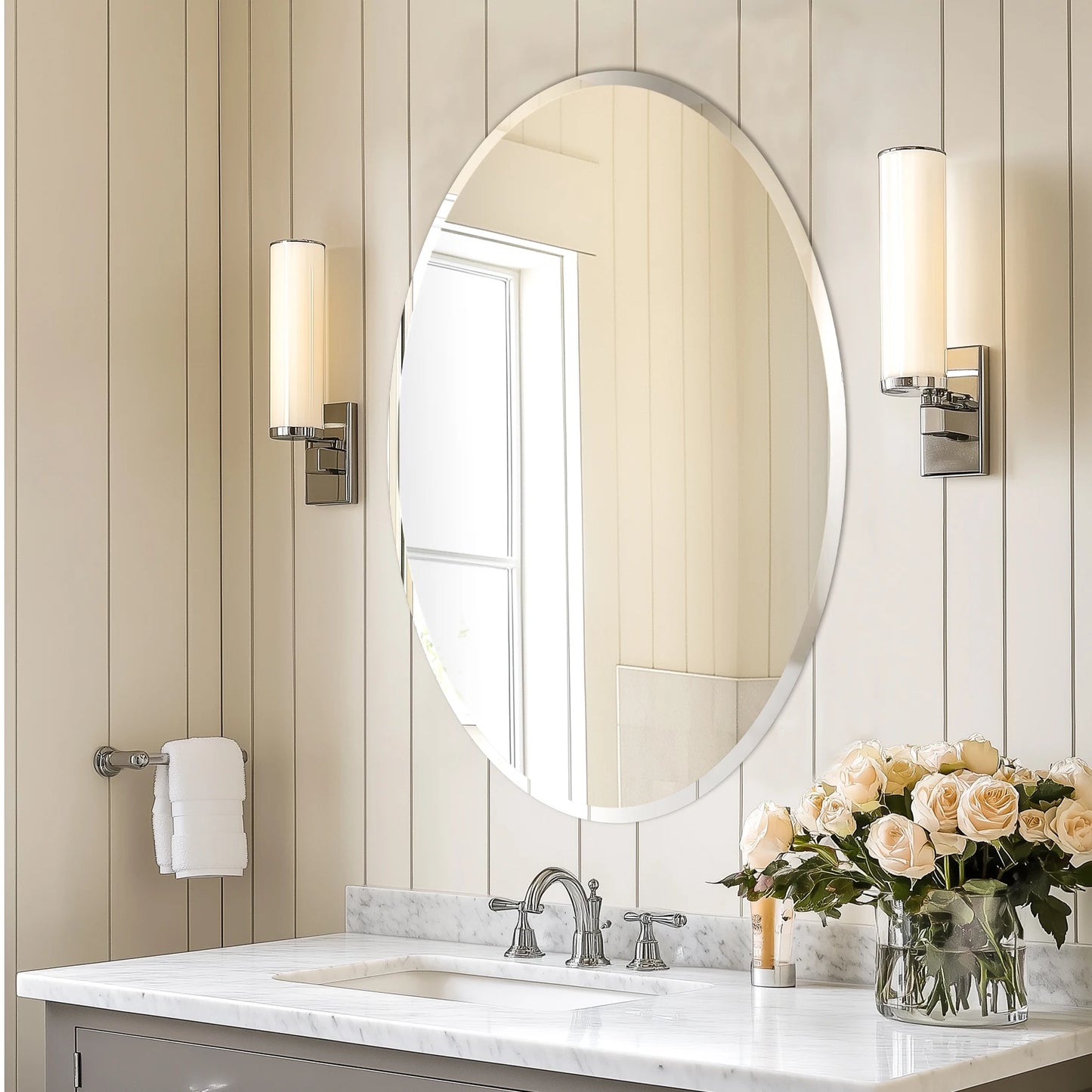 Wisfor Frameless Oval Wall Mirror Silver Beveled Edge Bathroom Vanity Mirror for Modern Home Decor, Fireplaces