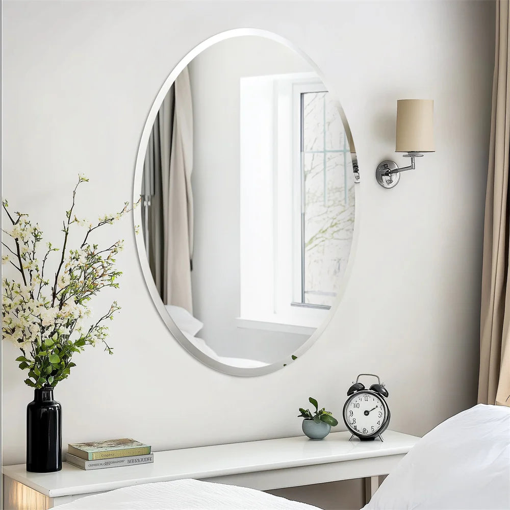 Wisfor Frameless Oval Wall Mirror Silver Beveled Edge Bathroom Vanity Mirror for Modern Home Decor, Fireplaces