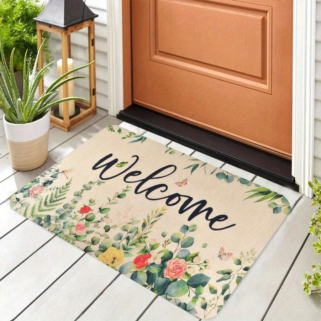 1 Piece Floral Welcome Outdoor Doormat - Non-Slip Machine Washable Polyester Flannel Mat for Front Door, Porch, Patio
