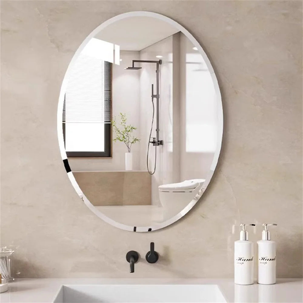 Wisfor Frameless Oval Wall Mirror Silver Beveled Edge Bathroom Vanity Mirror for Modern Home Decor, Fireplaces