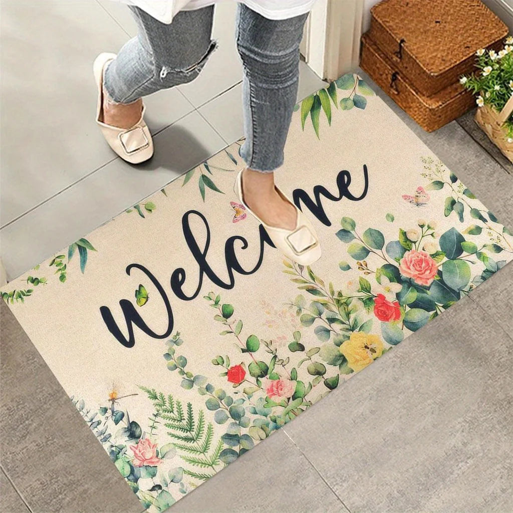 1 Piece Floral Welcome Outdoor Doormat - Non-Slip Machine Washable Polyester Flannel Mat for Front Door, Porch, Patio
