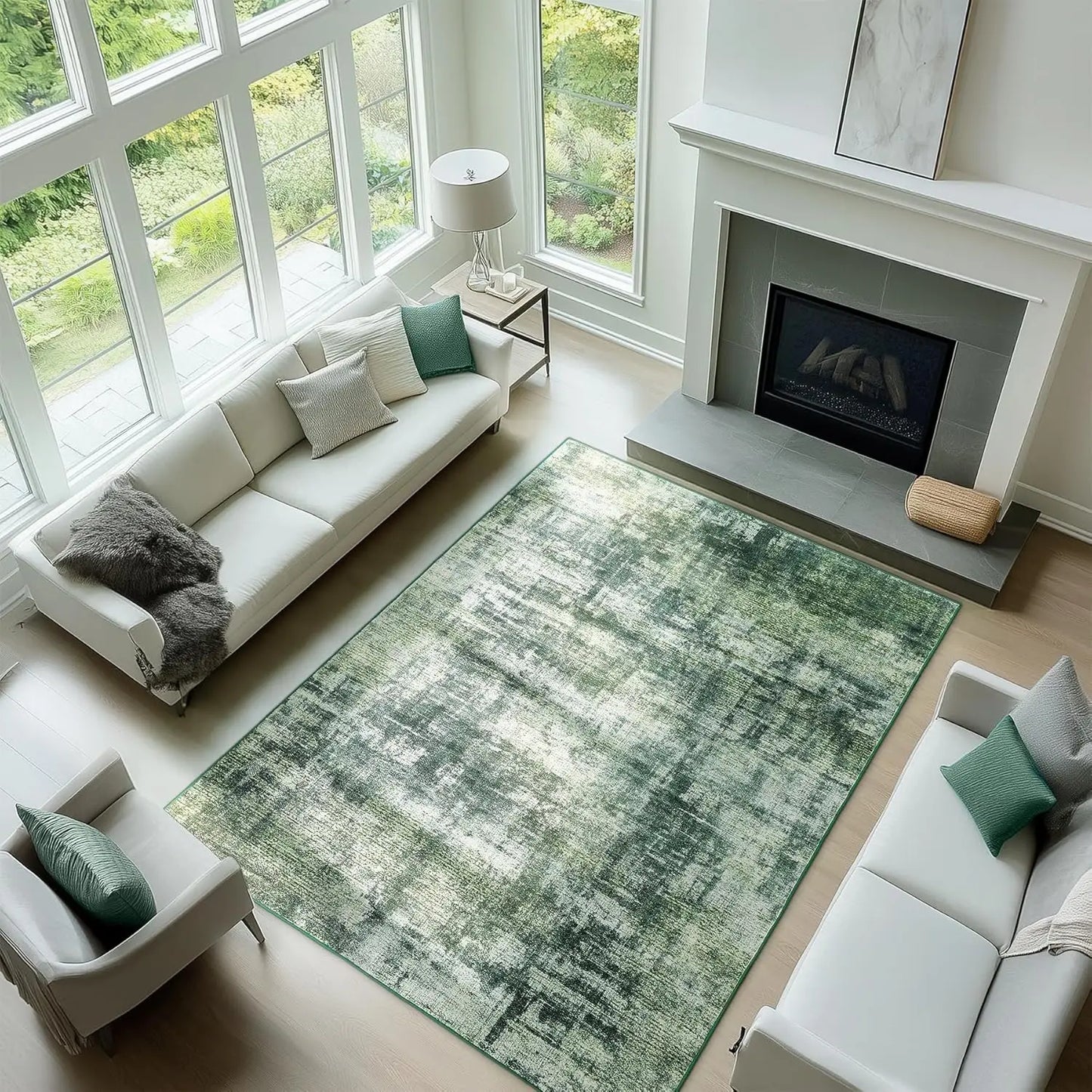 Green RugLiving Room Washable Abstract Area Rugs Bedroom Non-Slip Soft Carpet Indoor Floor Non-Shedding Rugs for Dining