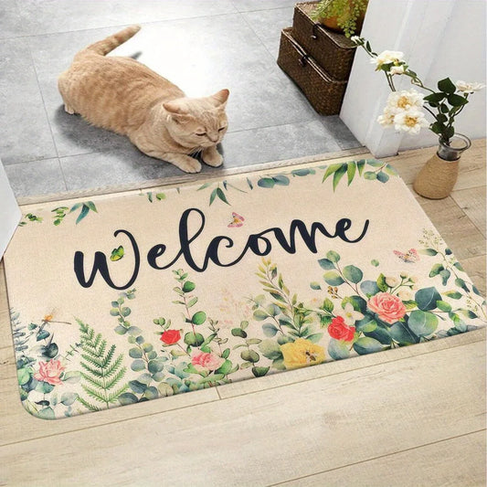1 Piece Floral Welcome Outdoor Doormat - Non-Slip Machine Washable Polyester Flannel Mat for Front Door, Porch, Patio