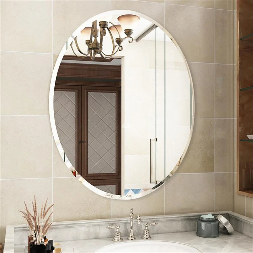 Wisfor Frameless Oval Wall Mirror Silver Beveled Edge Bathroom Vanity Mirror for Modern Home Decor, Fireplaces