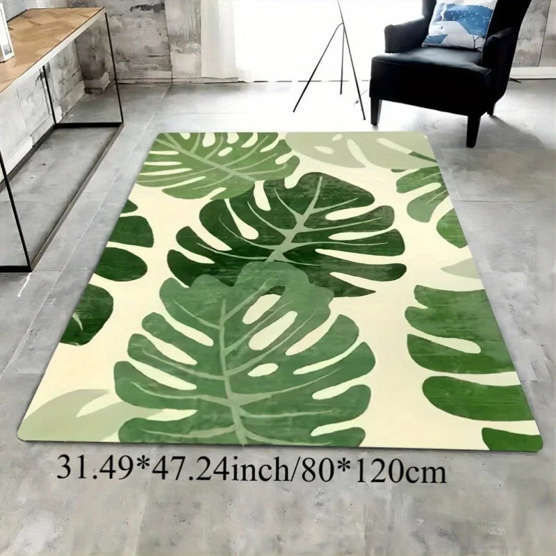 Tropical leaf print non-slip doormat, green Monstera design carpet on light beige background, ideal for living decoration