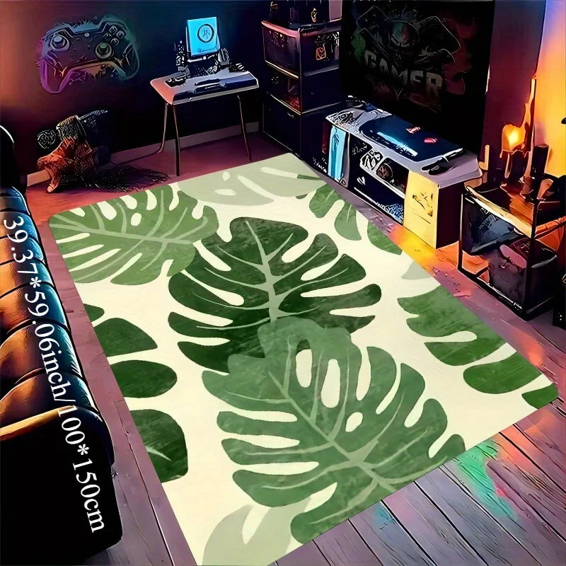 Tropical leaf print non-slip doormat, green Monstera design carpet on light beige background, ideal for living decoration