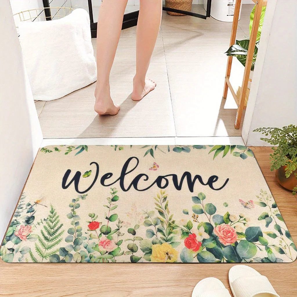 1 Piece Floral Welcome Outdoor Doormat - Non-Slip Machine Washable Polyester Flannel Mat for Front Door, Porch, Patio