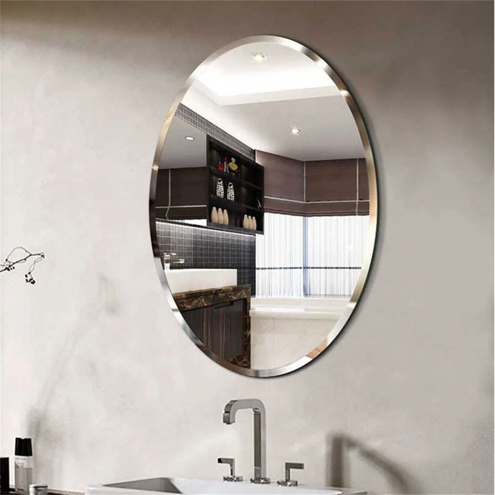 Wisfor Frameless Oval Wall Mirror Silver Beveled Edge Bathroom Vanity Mirror for Modern Home Decor, Fireplaces