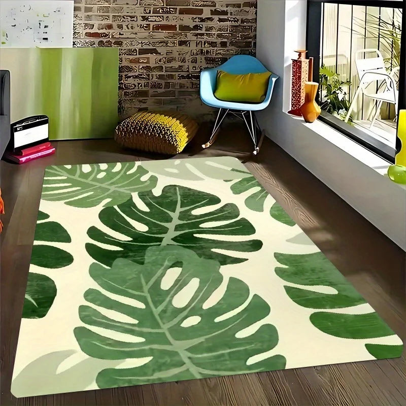 Tropical leaf print non-slip doormat, green Monstera design carpet on light beige background, ideal for living decoration
