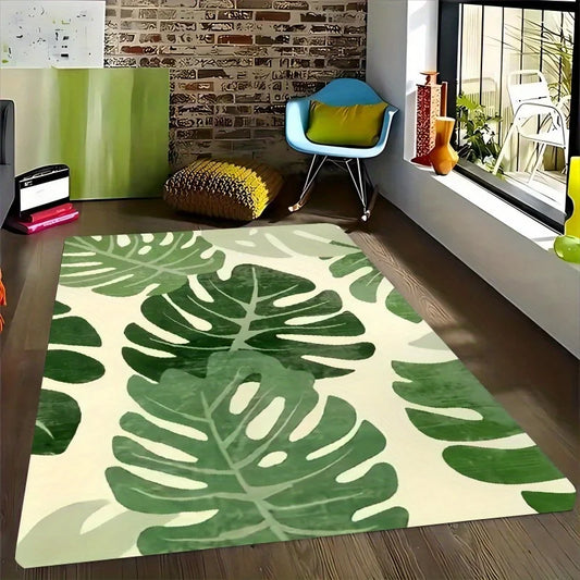 Tropical leaf print non-slip doormat, green Monstera design carpet on light beige background, ideal for living decoration