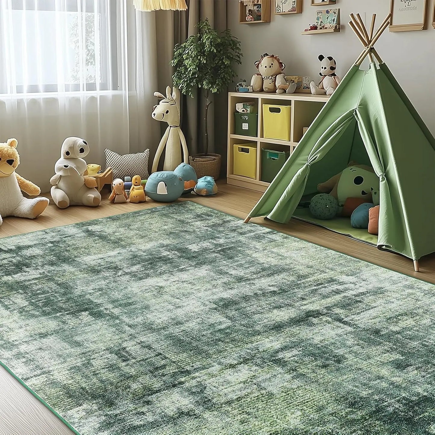 Green RugLiving Room Washable Abstract Area Rugs Bedroom Non-Slip Soft Carpet Indoor Floor Non-Shedding Rugs for Dining