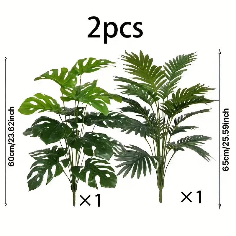 2pcs Green 24Leaves Artificial Palm Plants and Monstera Plastic Plants Suitable for Bedroom Living Room Outdoor Decoration