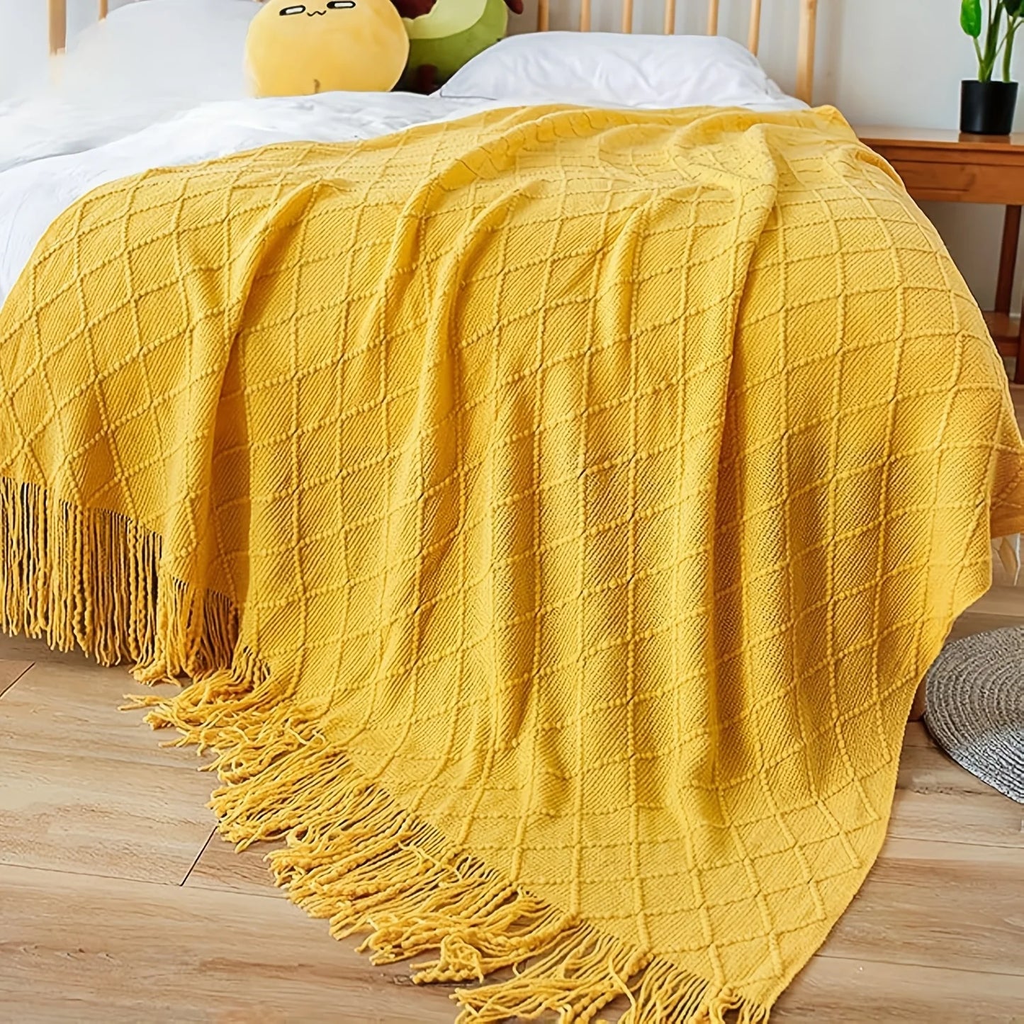 European Minimalist Diamond Pattern Acrylic Knitted Blanket, Sofa Bed Cover All Season Couch Throw Arrival Lightweight Bedspread